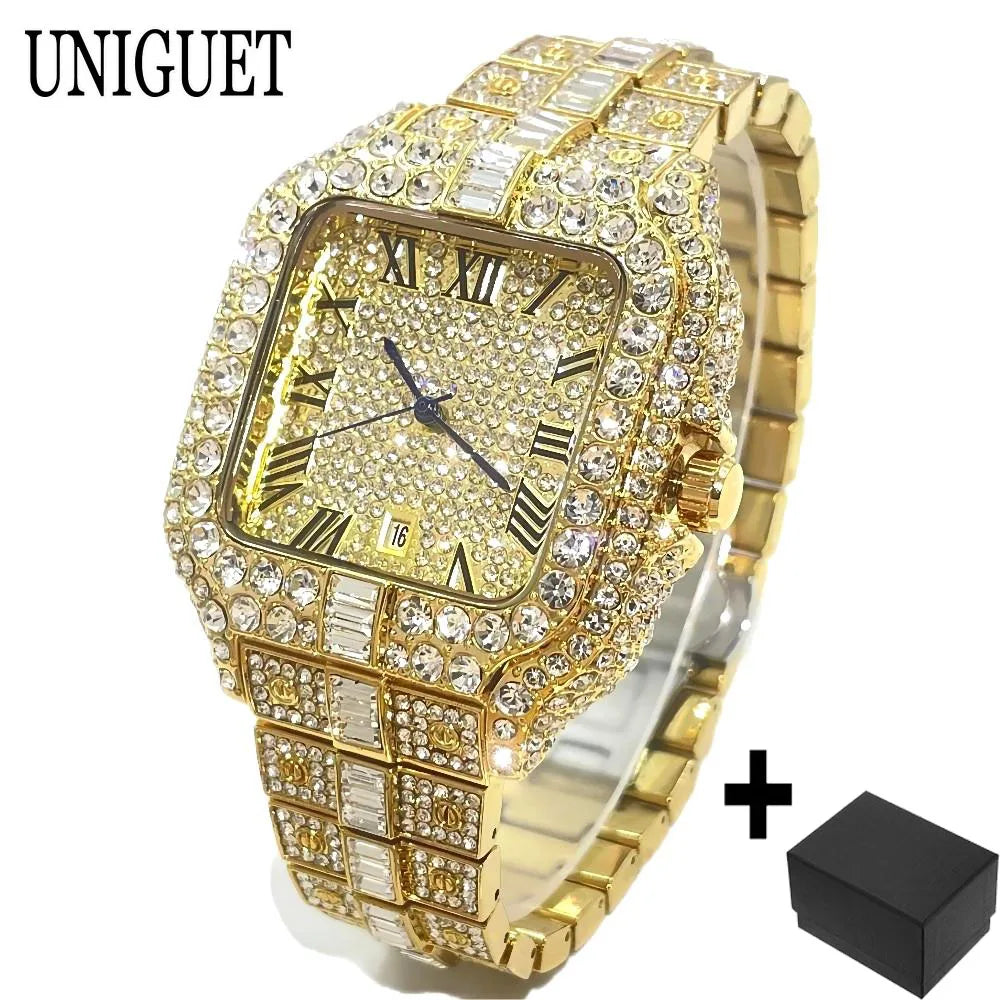 Mode chaude glacé montres hommes marque de luxe MISSFOX carré montres à Quartz Unique Hip Hop plein diamant montre-bracelet homme cadeaux