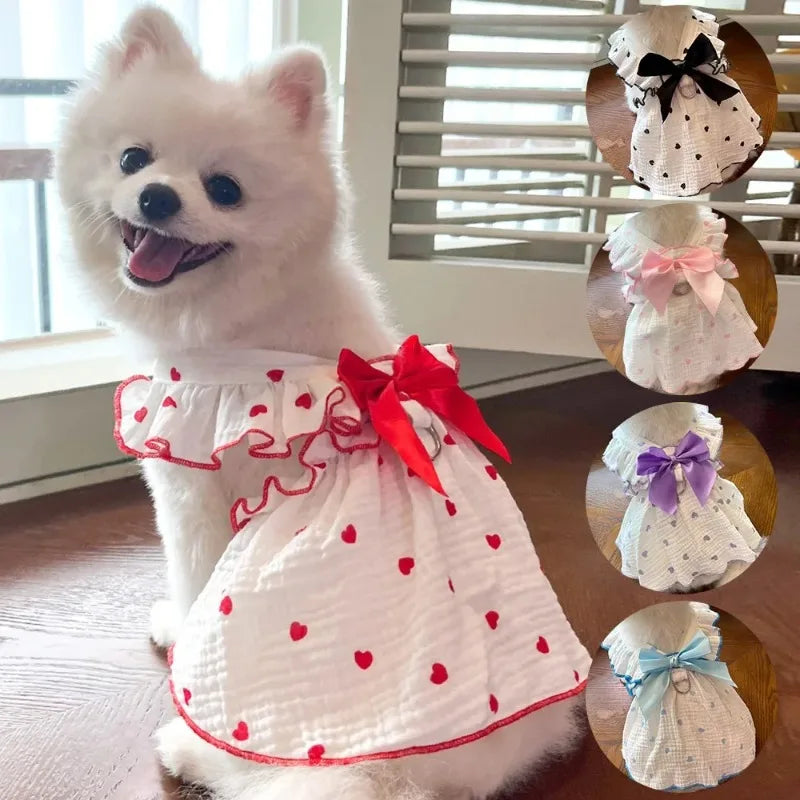 Heart Print Dog Dress with Bow – Cute Summer Princess Outfit for Small Dogs & Cats