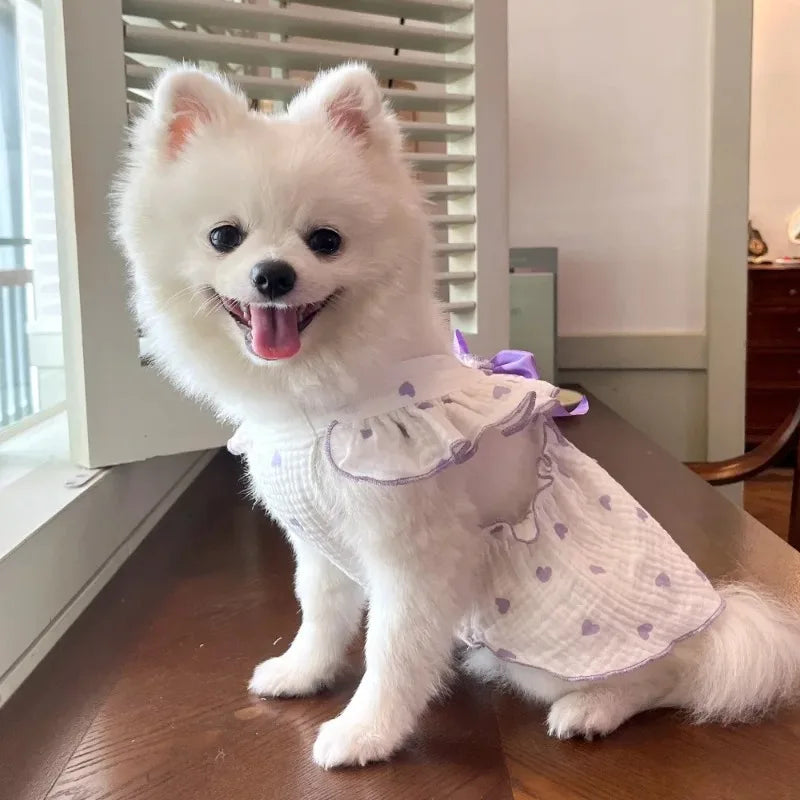 Heart Print Dog Dress with Bow – Cute Summer Princess Outfit for Small Dogs & Cats