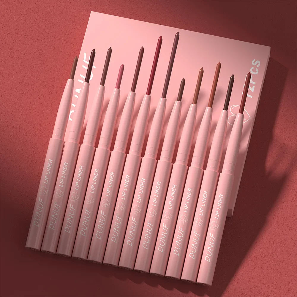 Set Crayons à Lèvres 12 Couleurs – Mat, Waterproof, Tenue 24h, Teinte Coréenne, Maquillage pour Femmes