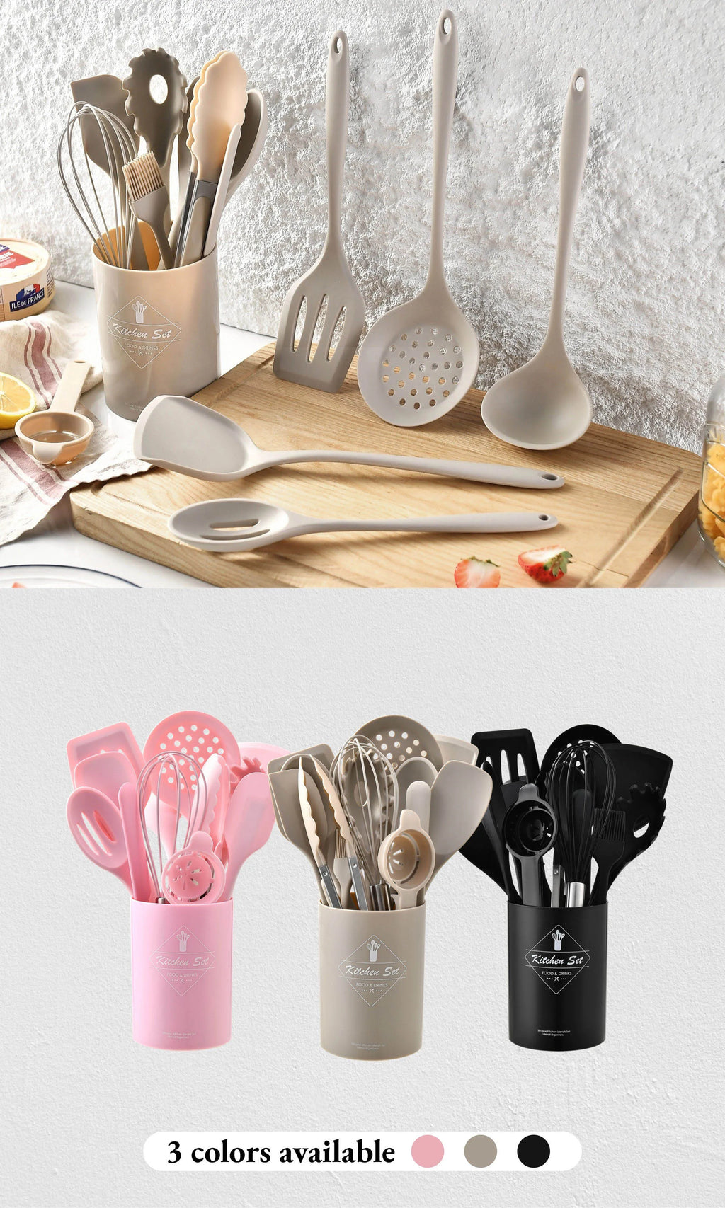 15-Piece Khaki Silicone Kitchen Utensil Set – Food-Grade Cooking Tools with Spatulas, Turner & Soup Spoon