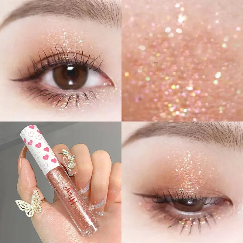 Ombre à paupières liquide illuminatrice waterproof ultra brillante longue tenue, en feuille monochrome pailletée, sublimant le fard à paupières