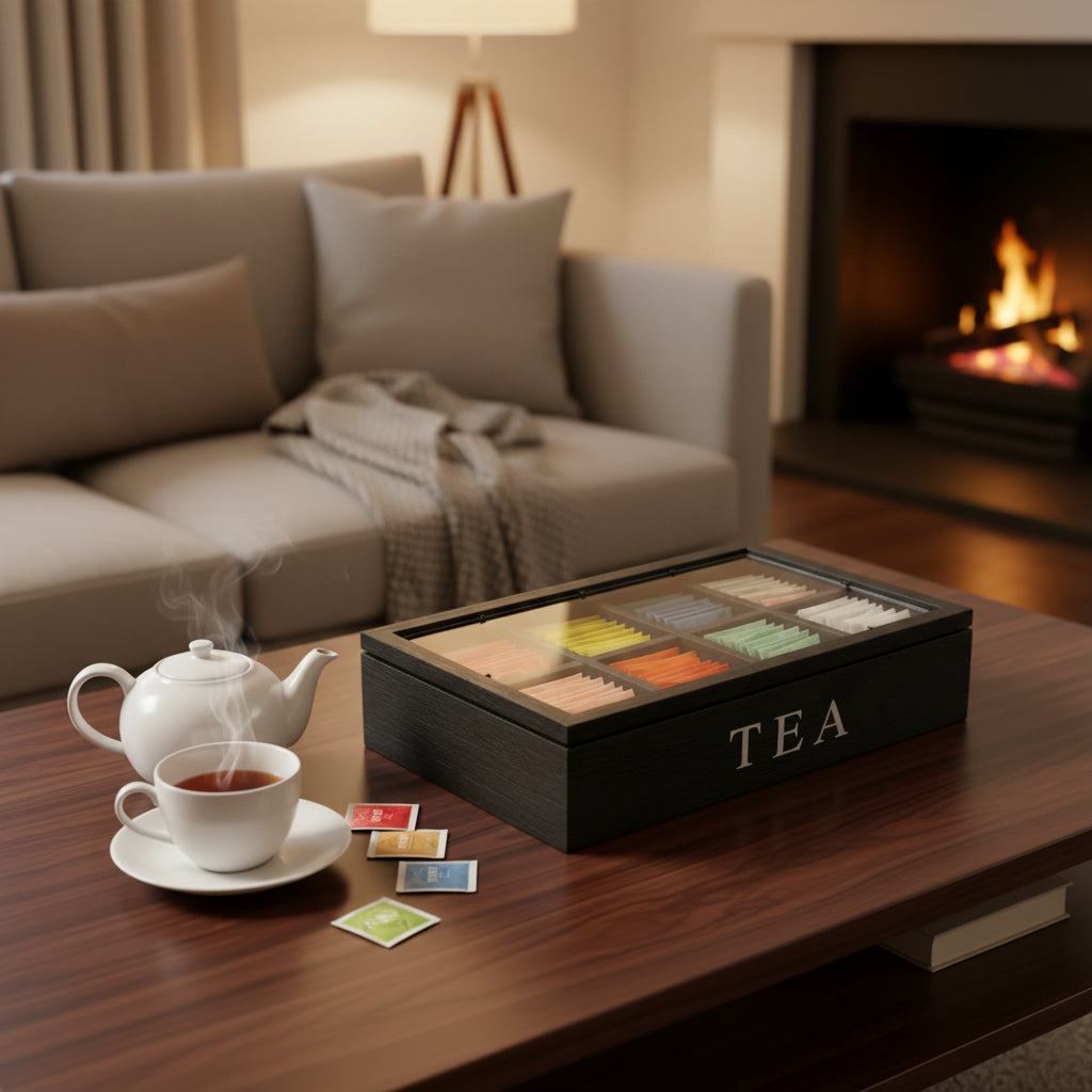 Wooden Tea Bag Storage Box with Clear Lid – 8 Compartment Organizer Case