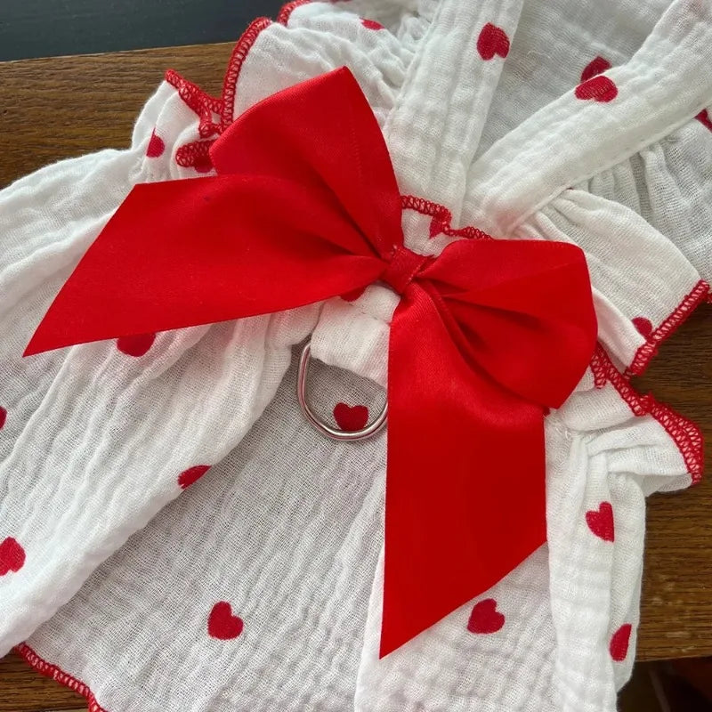 Heart Print Dog Dress with Bow – Cute Summer Princess Outfit for Small Dogs & Cats