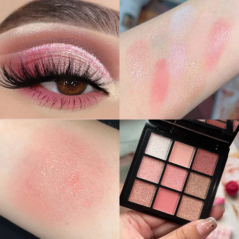 Palette de fards à paupières 9 cases, mats et nacrés, paillettes, longue tenue, cosmétiques pour femmes