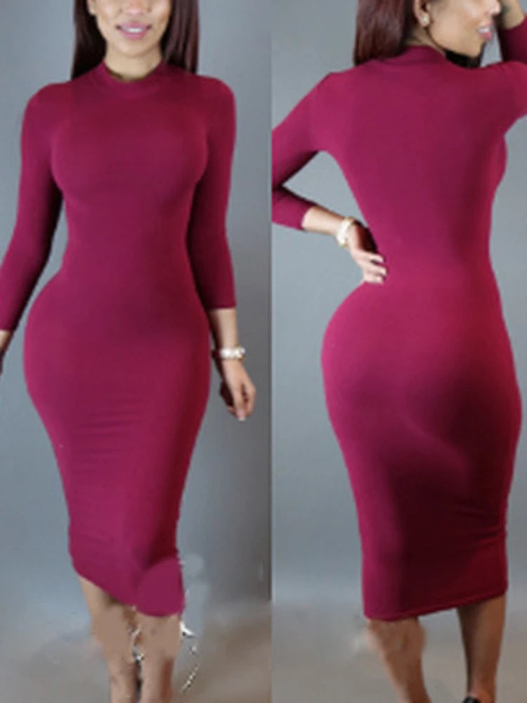 Robe Sexy Unie Élastique Slim Bodycon Femme à Manches Longues Cintrée à la Taille
