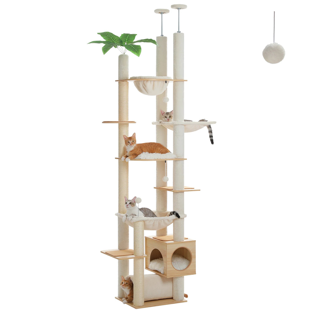 Floor-to-Ceiling Adjustable Wooden Cat Tree – Cat Tower with Hammock & Condo
