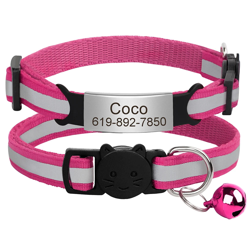 Personalized Reflective Cat Collar with Engraved ID Tag & Bell