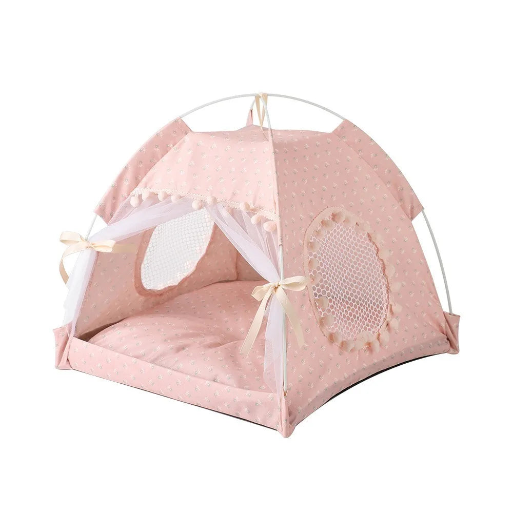 Foldable Princess Pet Bed – Floral Cat & Dog Tent House with Removable Cushion