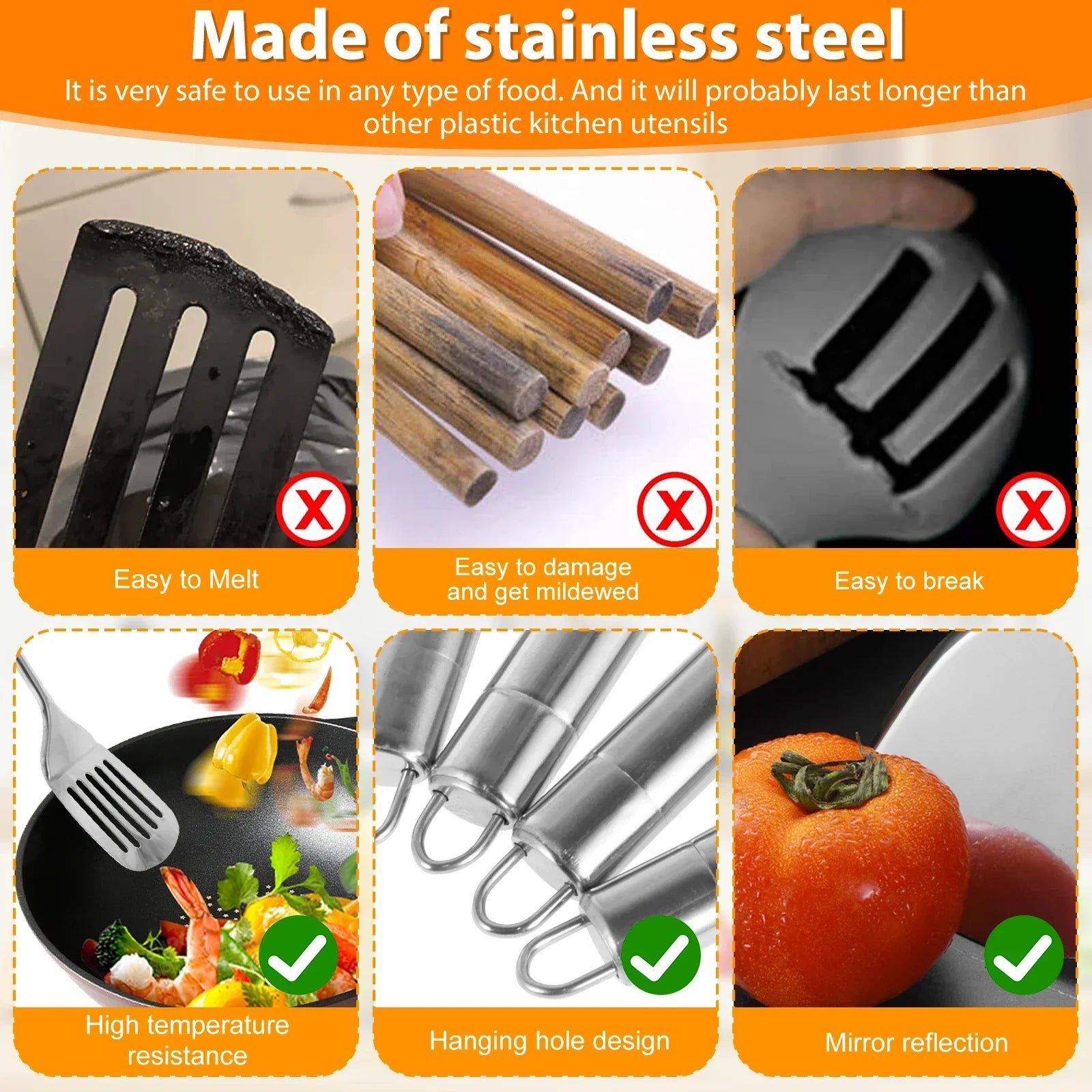 5-Piece Stainless Steel Kitchen Utensil Set – Heavy-Duty Cooking Spoons & Spatulas with Ergonomic Handles