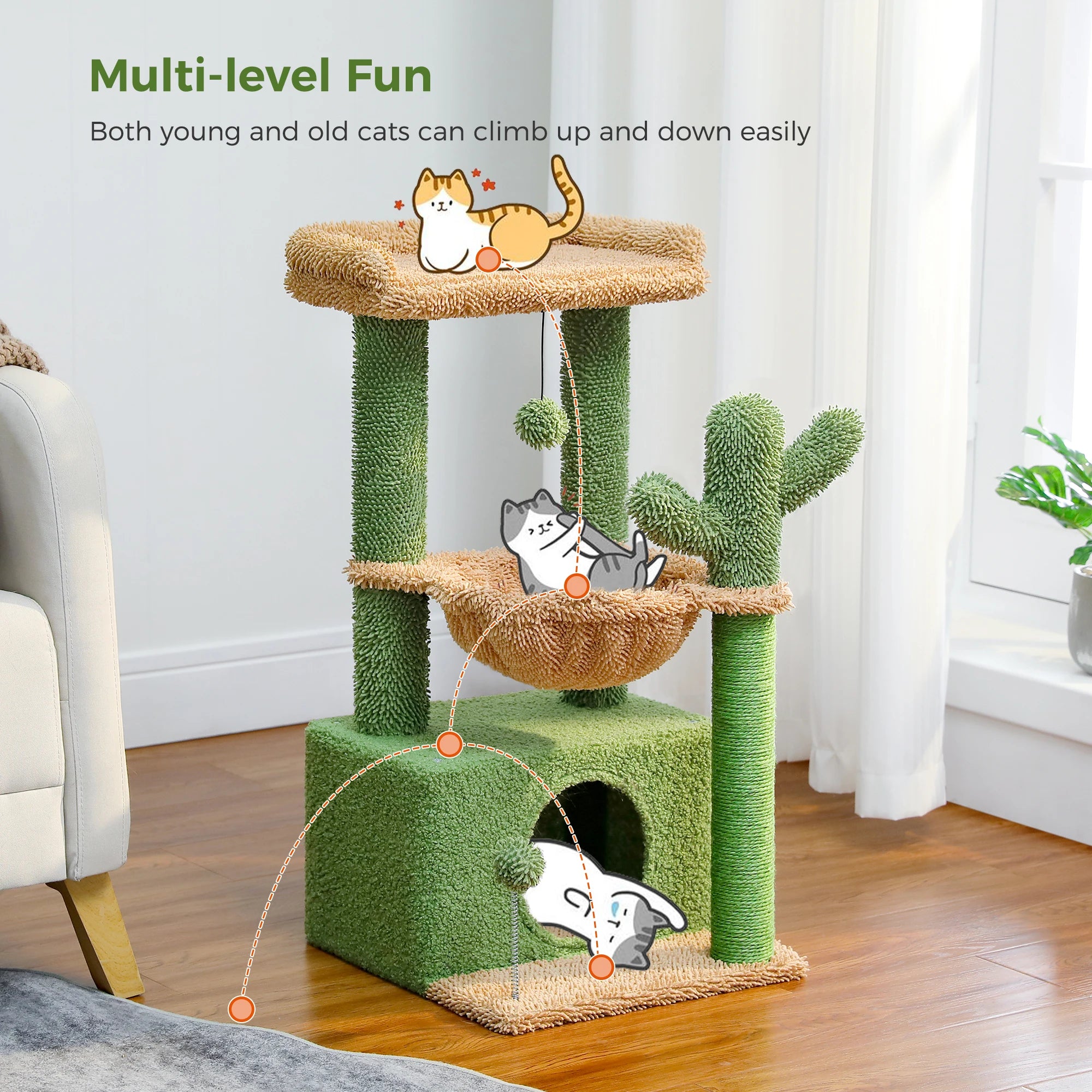4-in-1 Cat Tree – Cat Condo, Hammock, Scratching Post & Top Perch