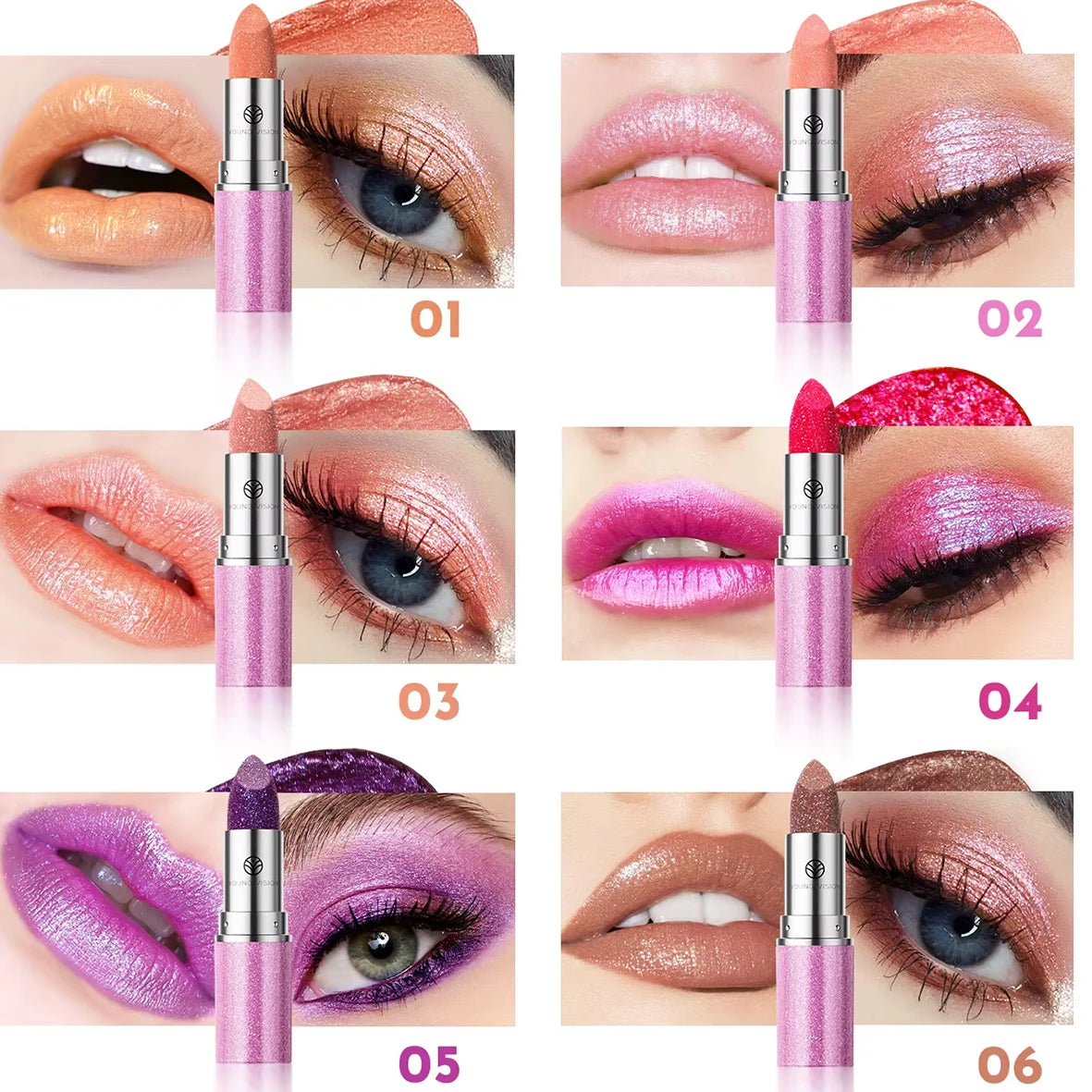 Rouge à Lèvres Changeant de Couleur – 6 Couleurs, Effet Perlé et Flash, Couleur Durable, Ombre à Paupières
