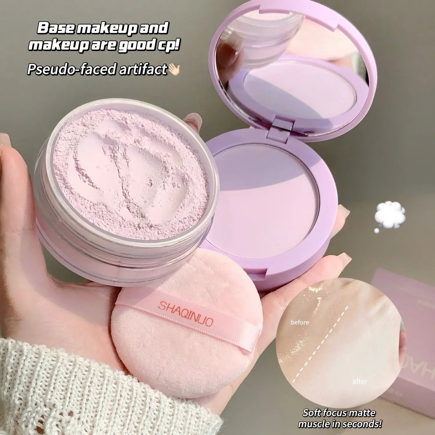 Poudre Compacte Effet Double – Légère et Transparente, Retouches, Correcteur, Contouring, Anti-Gonflement, Blush, Éclaircissante, Effet Haute Brillance