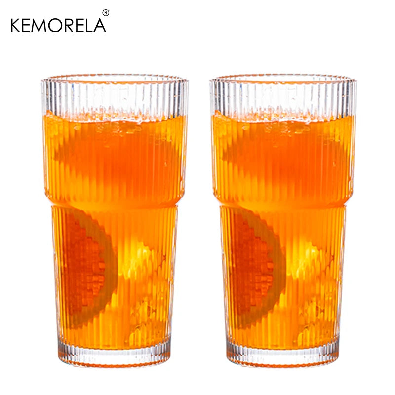 600ml Ribbed Glass Coffee Cup with Lid & Straw – Transparent Tumbler for Iced Coffee, Juice & Cold Drinks