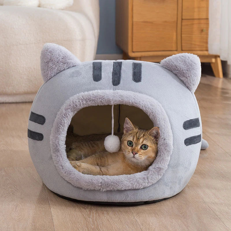 Plush Cat Cave Bed – Warm Foldable Pet House with Non-Slip Base