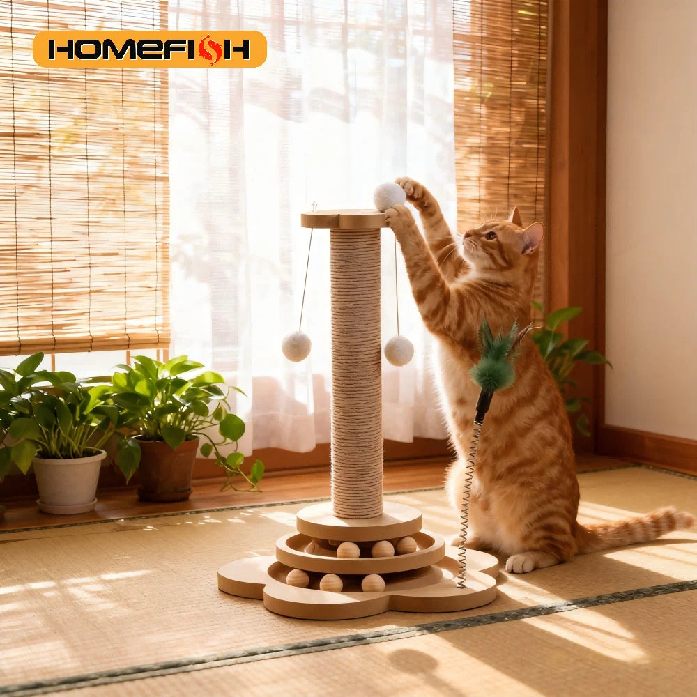 Wooden Interactive Cat Toy – Turntable with Sisal Scratcher & Rolling Balls