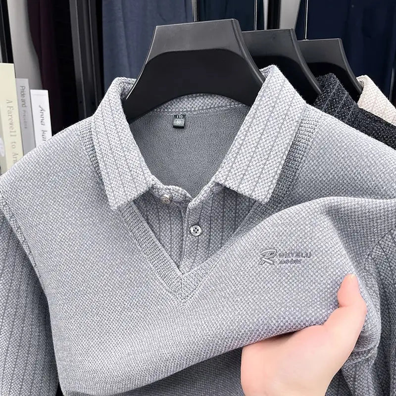 Pull pour hommes col Polo étiquette Patchwork rayures doublure en laine peluche tricoté épaissi pull marque de luxe impression Thermo vêtements pour hommes