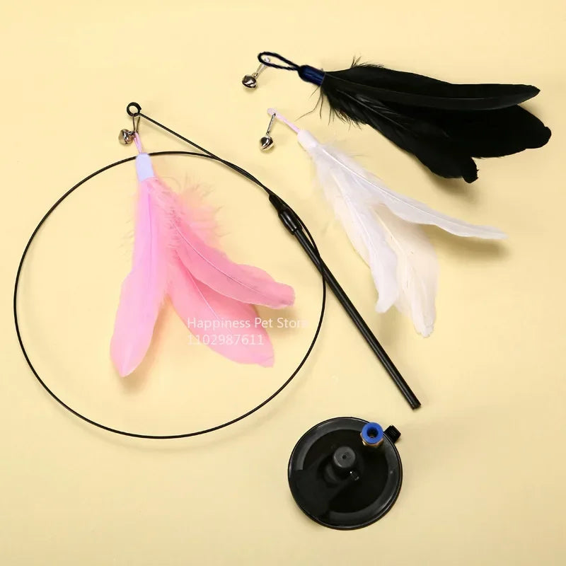Interactive Suction Cup Feather Cat Wand Toy with Bell