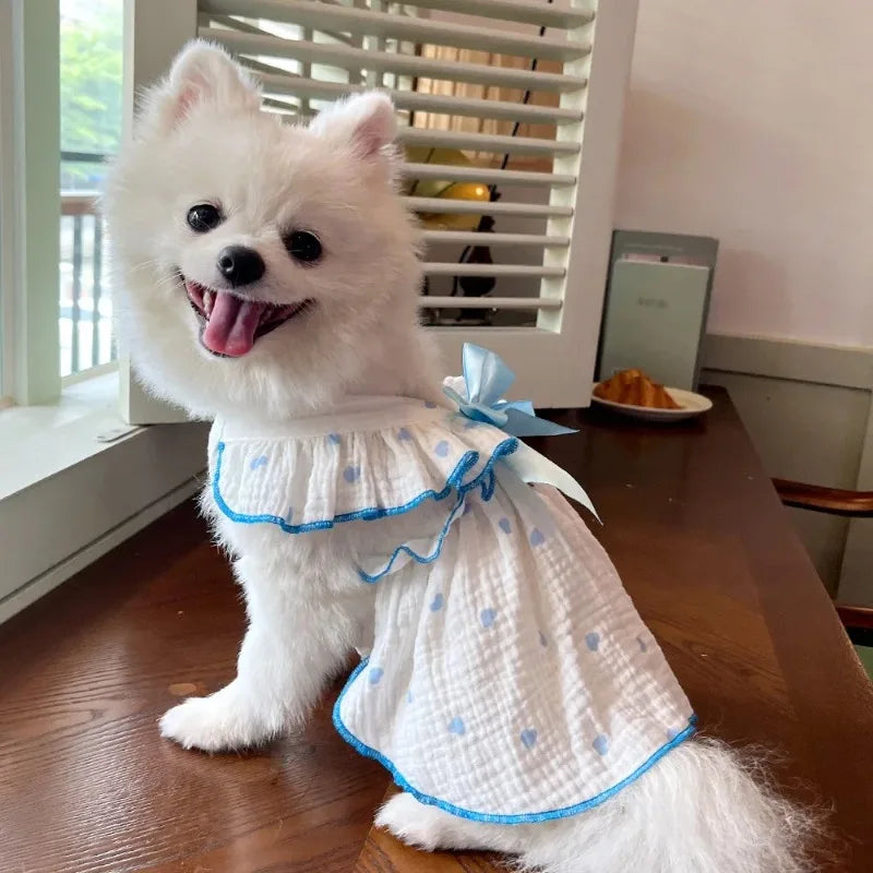 Heart Print Dog Dress with Bow – Cute Summer Princess Outfit for Small Dogs & Cats