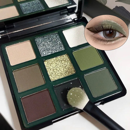 Palette fards à paupières 9 couleurs, vert olive, smoky eyes, mats et nacrés scintillants, poudre, paillettes, maquillage yeux
