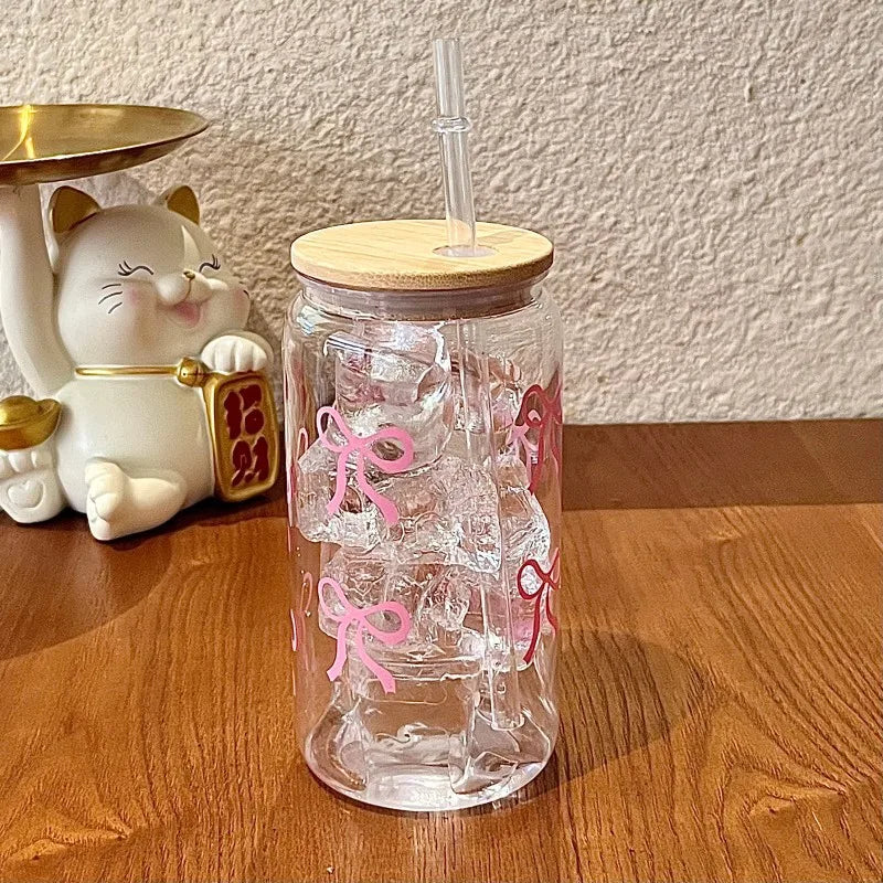 500ml Cute Bow Glass Tumbler with Lid & Straw – Mason Jar Style Cup for Iced Coffee, Juice & Smoothies
