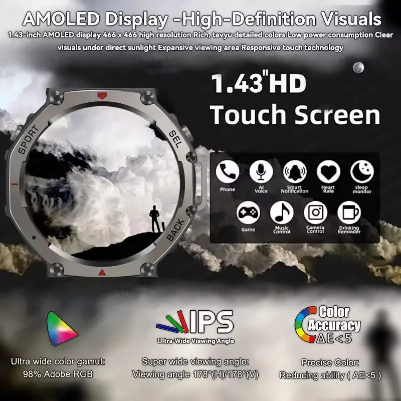 Montre connectée militaire pour hommes, avec appels Bluetooth, boussole GPS intégrée, altimètre barométrique, étanche 10ATM, nouvelle collection 2025