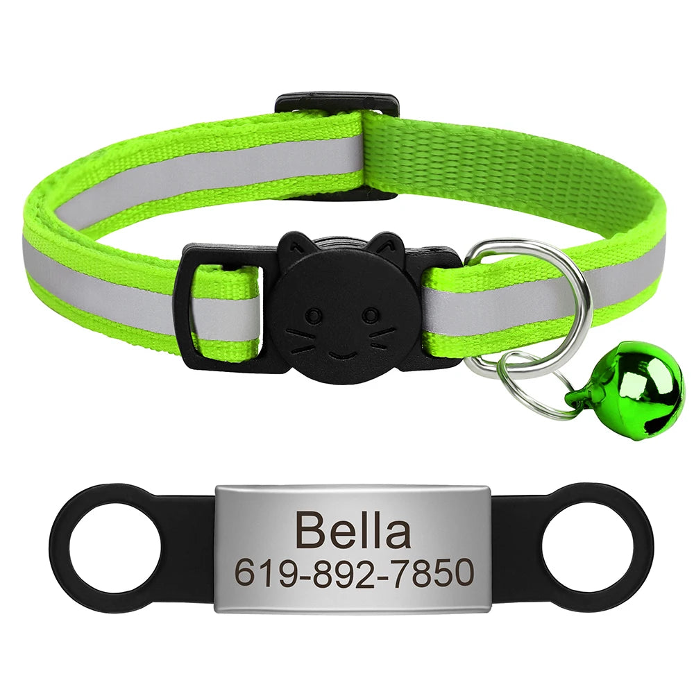 Personalized Reflective Cat Collar with Engraved ID Tag & Bell