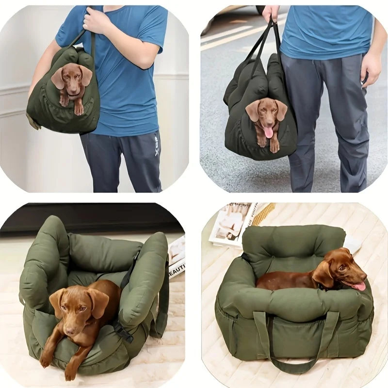 Dog Car Seat with Safety Belt – Washable Travel Bed for Small Dogs