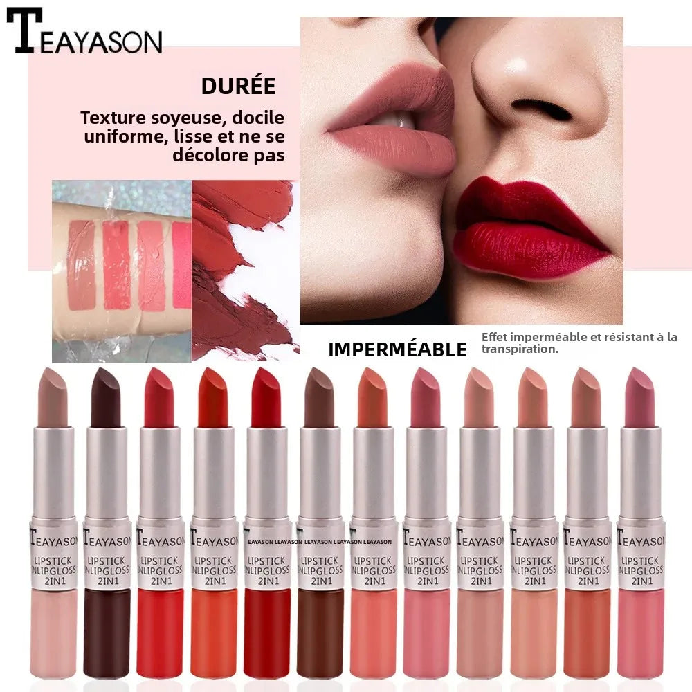 Rouge à lèvres rose mat 1 pièce — Waterproof et longue tenue | Hydratant | Set 2-en-1 avec teinte et gloss | Maquillage sexy pour lèvres féminines