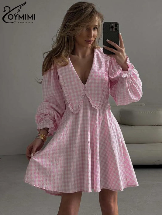 Robe Mini Femme Imprimée – Col V, Manches Longues, Coupe Large, Style Streetwear