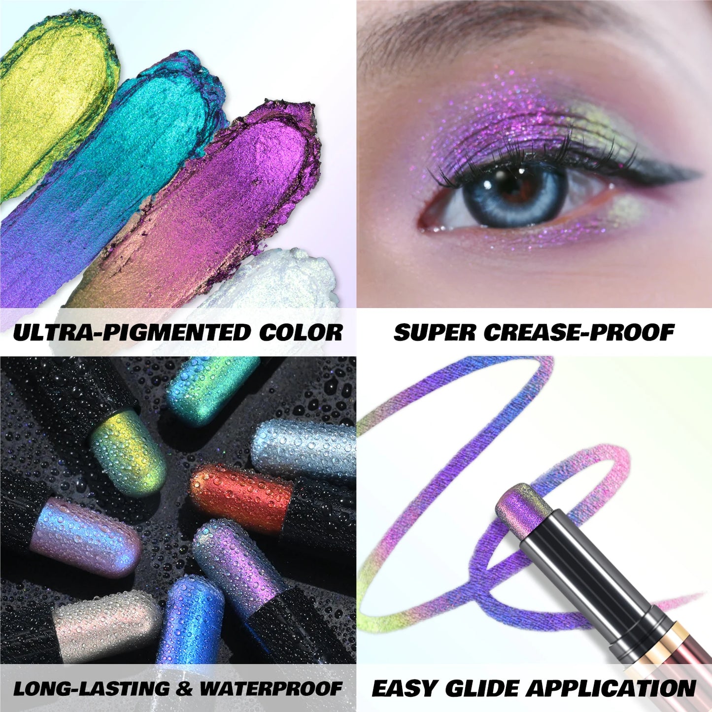 Crayon fard à paupières  double embout, multichrome pailleté, waterproof, maquillage professionnel