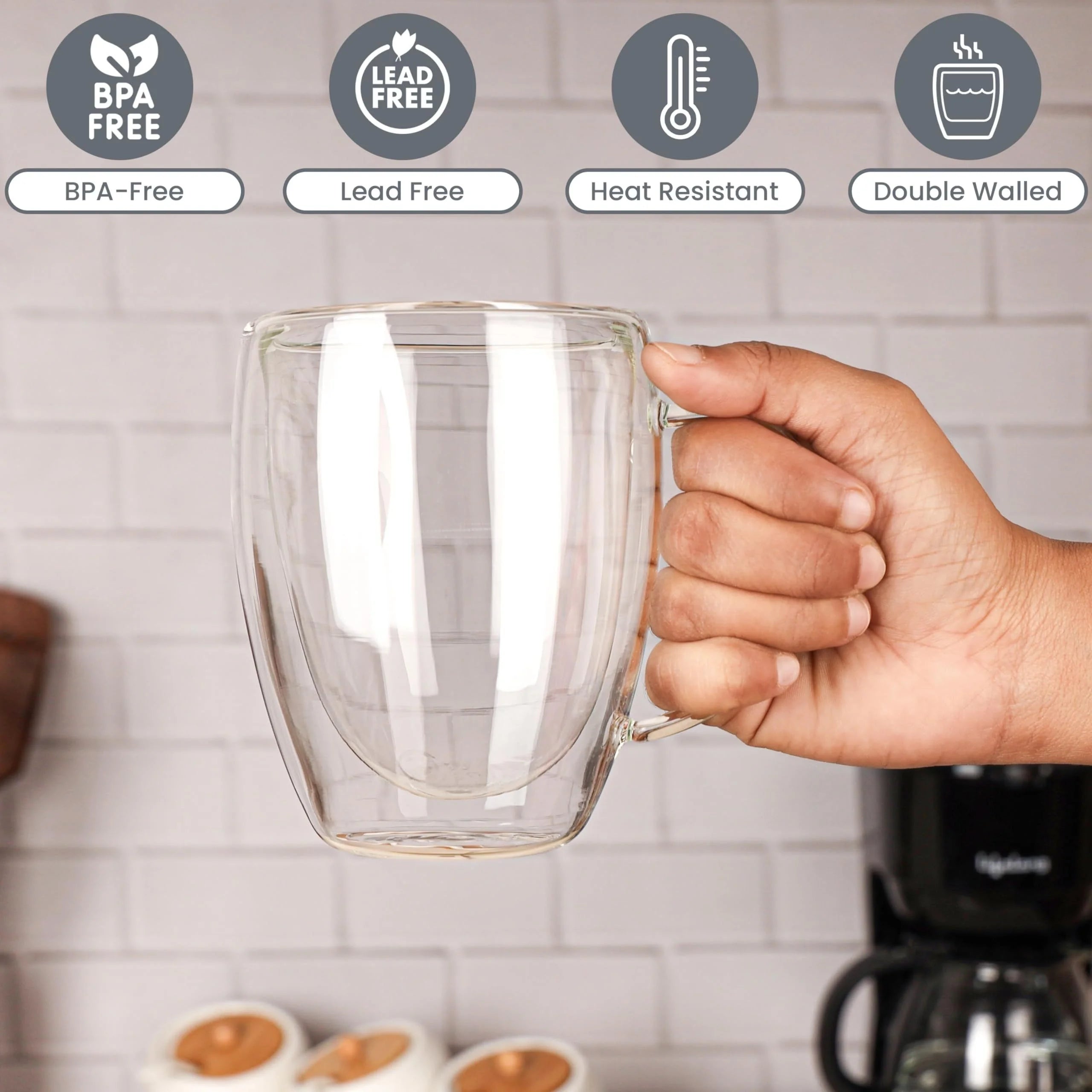 Double Wall Glass Coffee Mug with Handle – 350ml Insulated Cappuccino, Tea & Latte Cup (2/4/6 PCS)