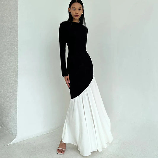 Robe Femme Patchwork Noir et Blanc à Queue de Poisson – Col Rond, Taille Haute, Style Ins, Maxi et Midi Élégante à Contraste