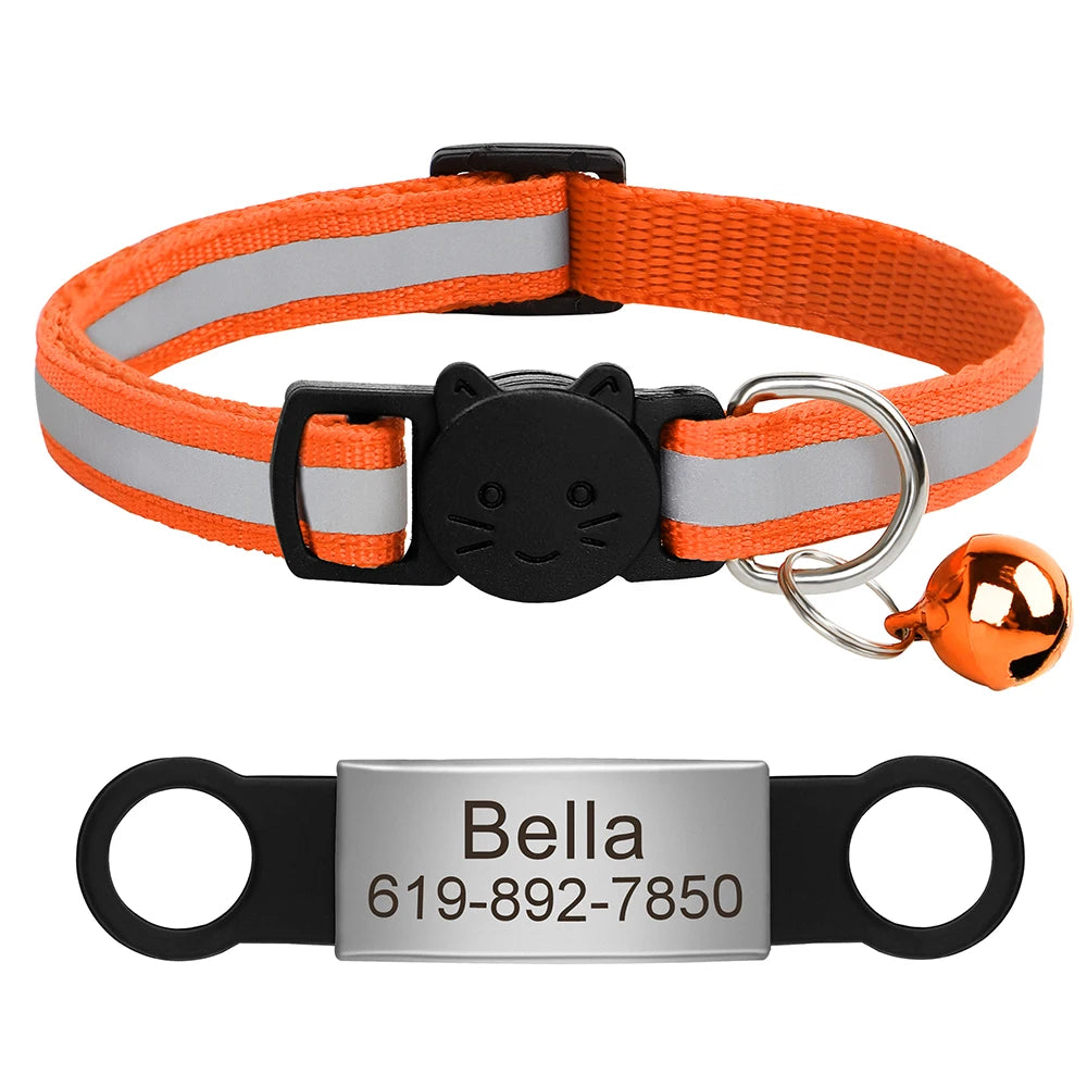 Personalized Reflective Cat Collar with Engraved ID Tag & Bell