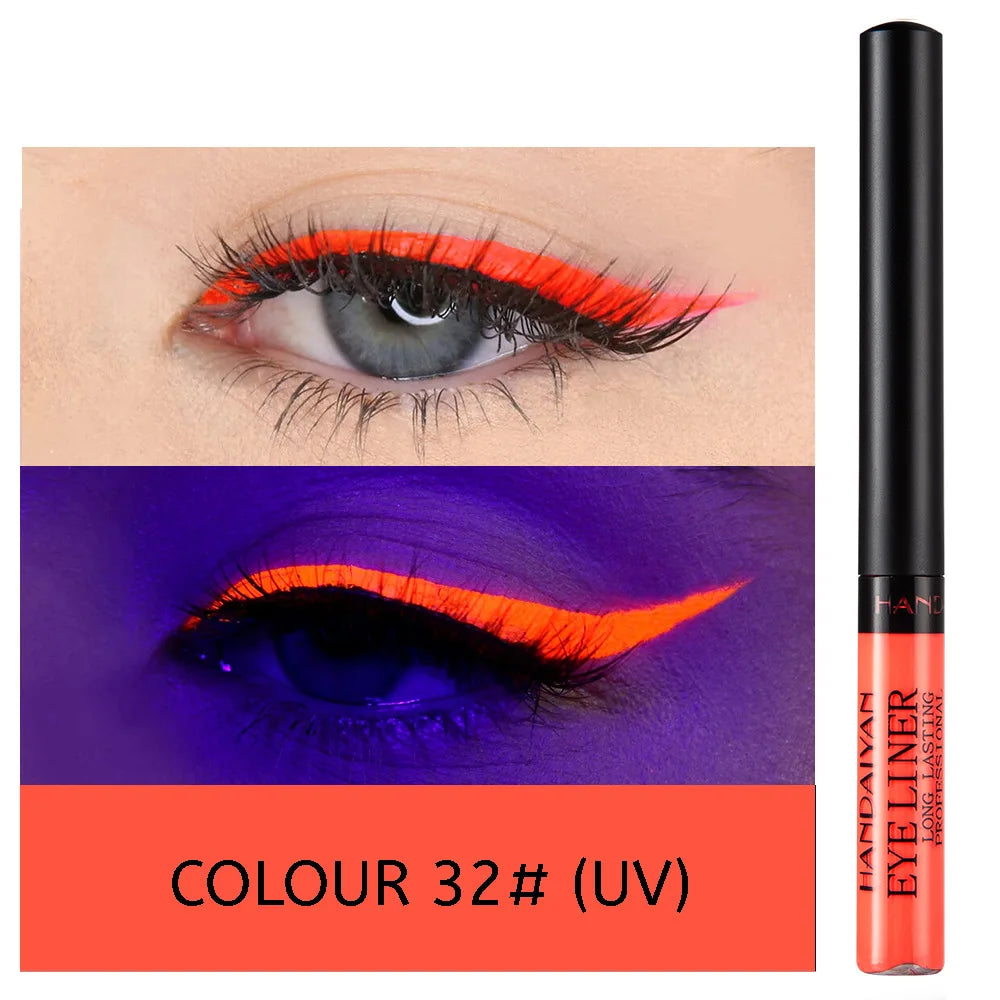 Eyeliner Néon UV — stylo liquide waterproof, fini mat, couleurs vives jaune, rouge et violet, maquillage yeux