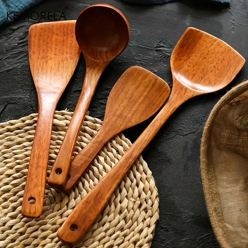 4-Piece Wooden Kitchen Utensil Set – Non-Stick Cooking Spatulas, Spoons & Food Shovels