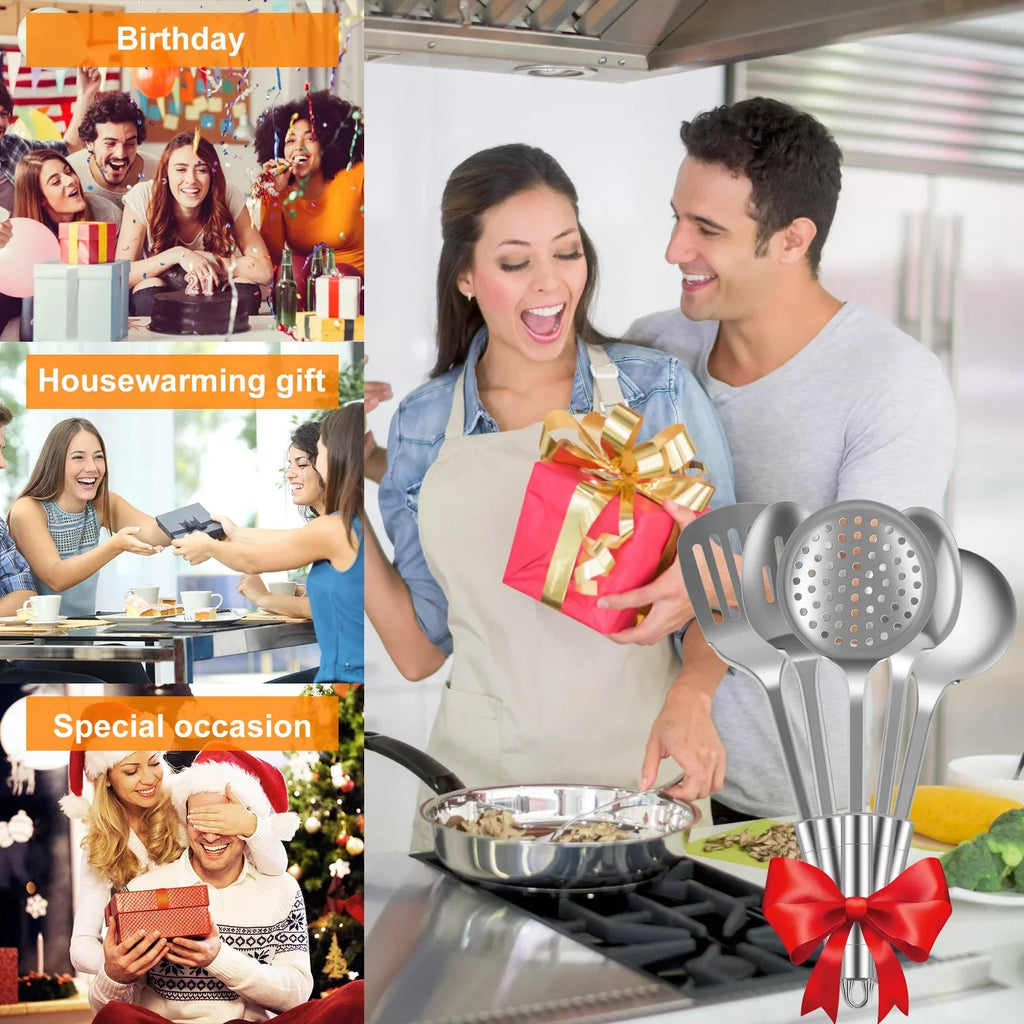 5-Piece Stainless Steel Kitchen Utensil Set – Heavy-Duty Cooking Spoons & Spatulas with Ergonomic Handles