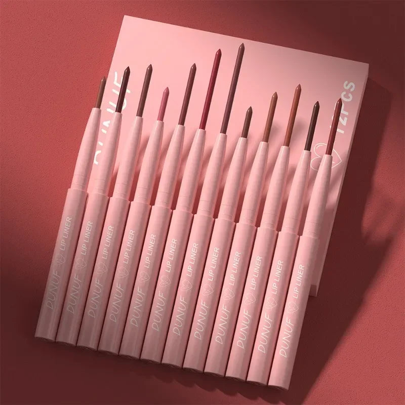 Set de 12 Crayons à Lèvres Velours Mat – Application Facile, Texture Douce et Lisse | Maquillage des Lèvres Nude, Rouge et Marron | Couleur Longue Tenue