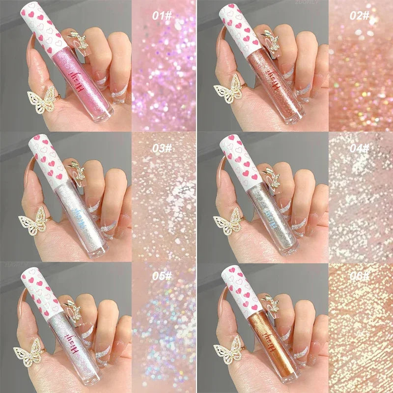 Ombre à paupières liquide illuminatrice waterproof ultra brillante longue tenue, en feuille monochrome pailletée, sublimant le fard à paupières