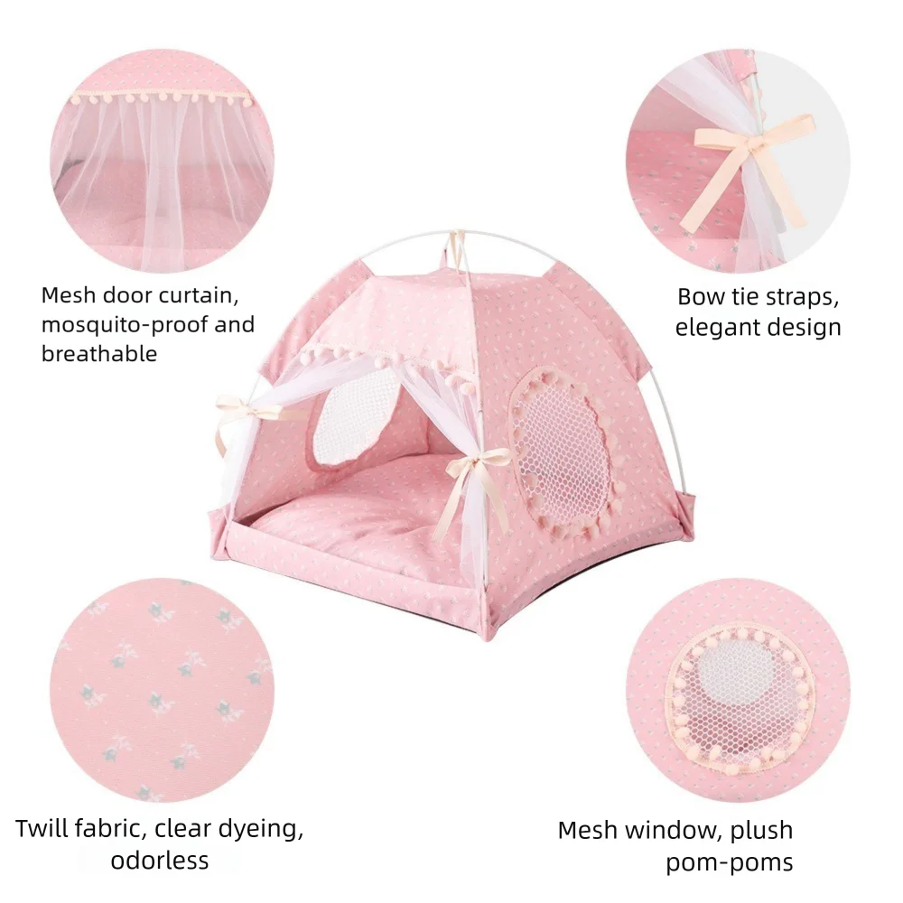 Foldable Princess Pet Bed – Floral Cat & Dog Tent House with Removable Cushion