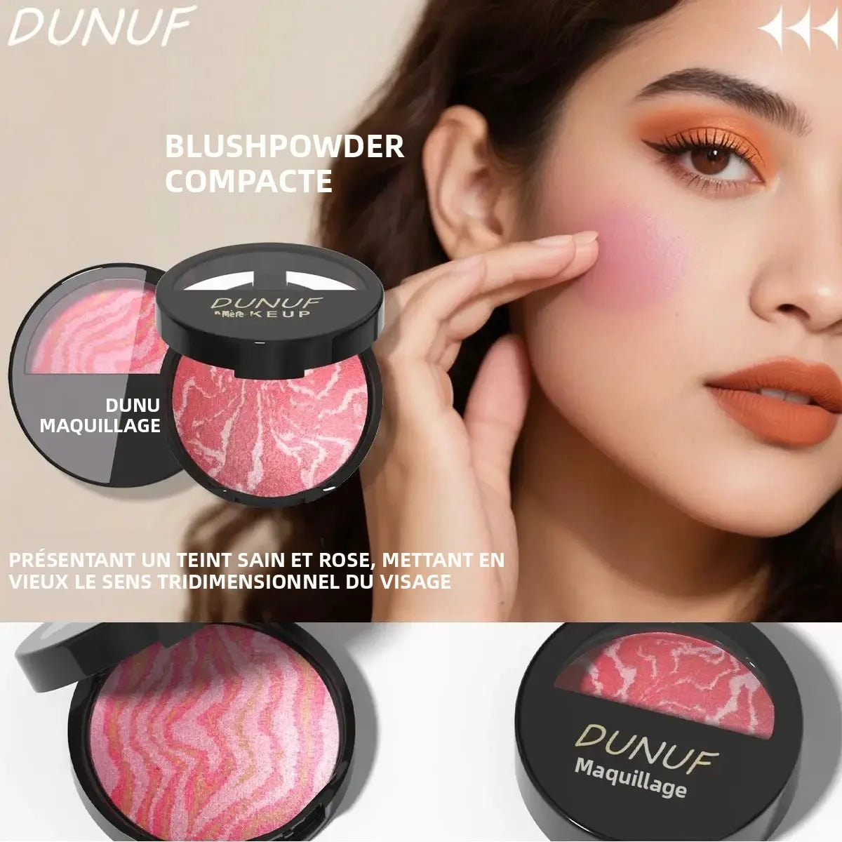 Palette de Fard à Joues 3 Tons — Poudre Cuite Imperméable, Légère et Longue Tenue, Texture Lisse et Aérienne pour un Teint Unifié et Lumineux