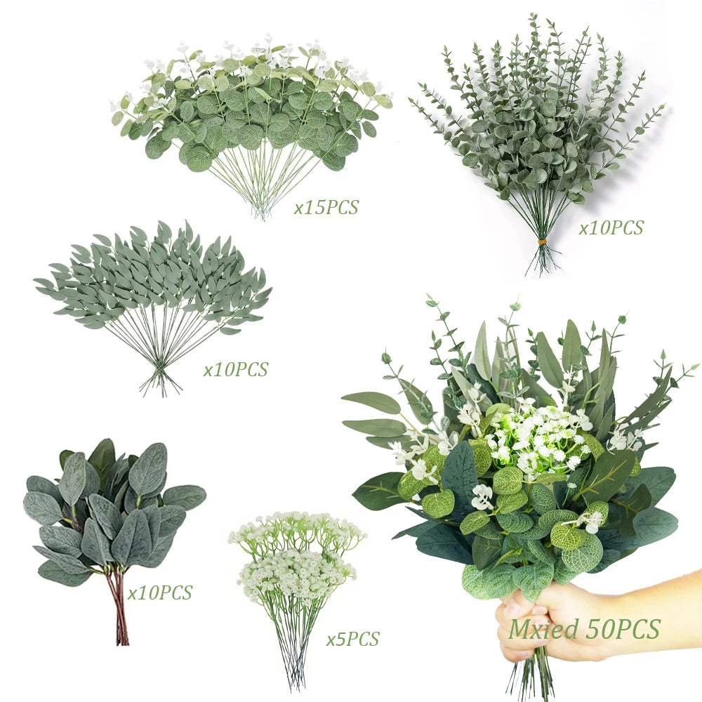 50PCS Artificial Eucalyptus Stems – Mixed Greenery Bouquet for DIY Décor