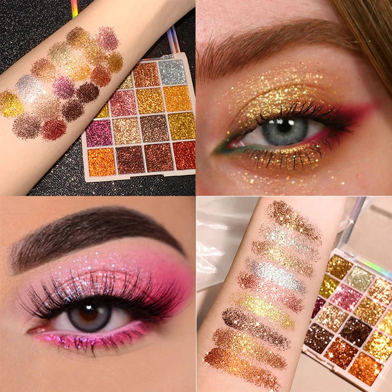 Palette fards à paupières 16 couleurs – Pailleté et sequins, scintillant diamant, waterproof, pour visage et corps