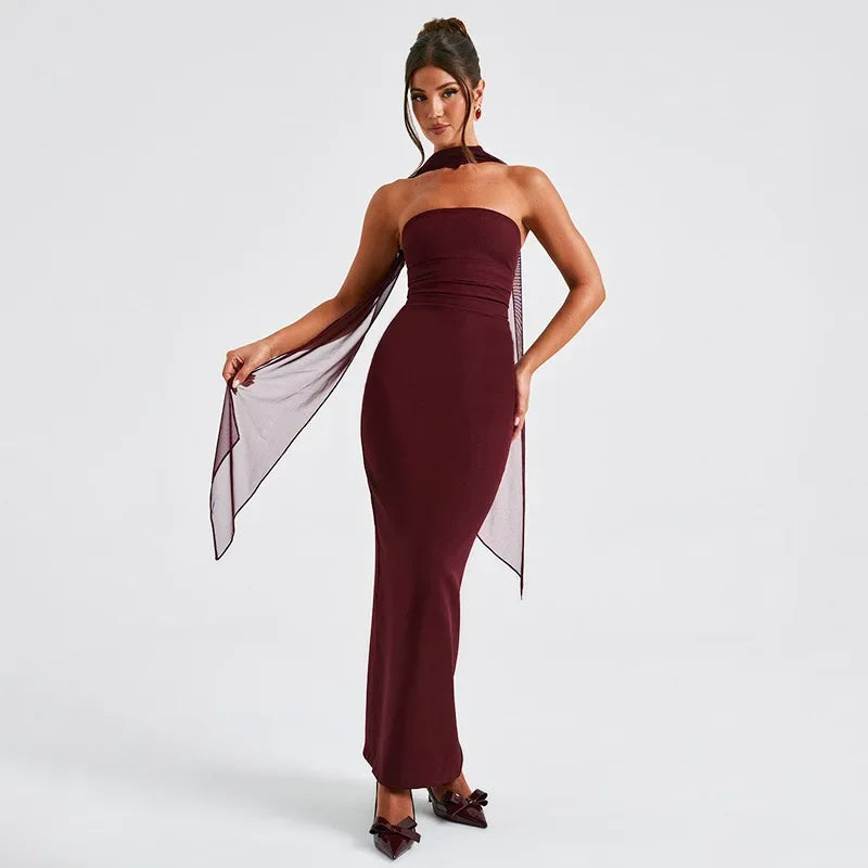 Robe Longue Femme Style Français – Col Bardot Drapé, Taille Empire, Sans Manches – Élégante & Sexy