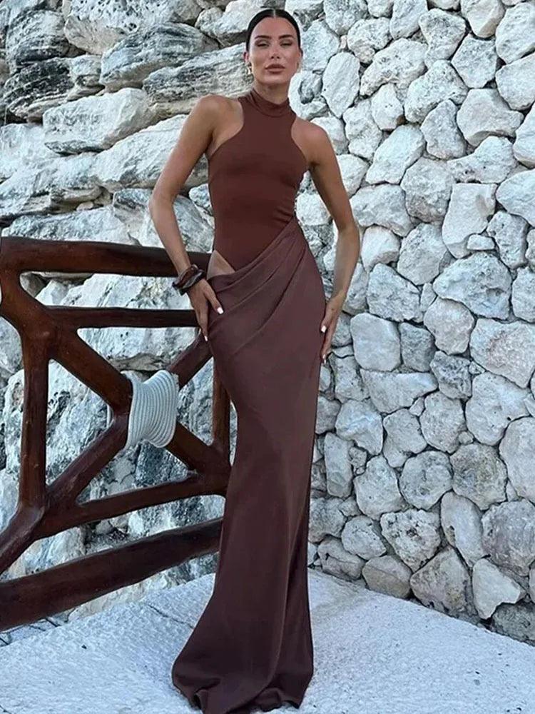 Robe Longue Femme Satin Sexy – Col Ajouré, Sans Manches, Taille Haute, Noir, Automne 2025