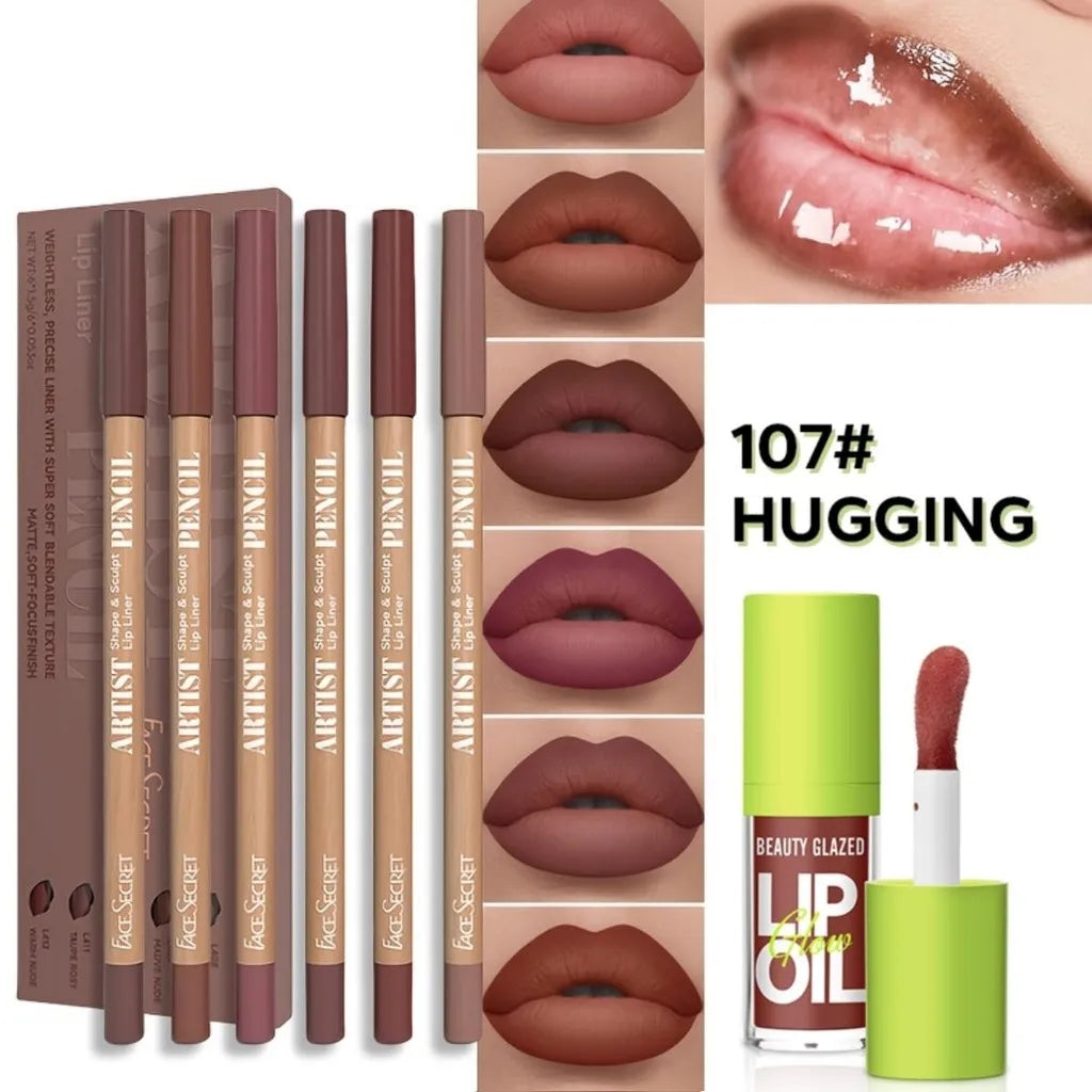 Set 6 Pièces – Crayons à Lèvres Mat Waterproof + Huile/Lip Essence, Effet Repulpant, Teinte et Soin des Lèvres, Gloss