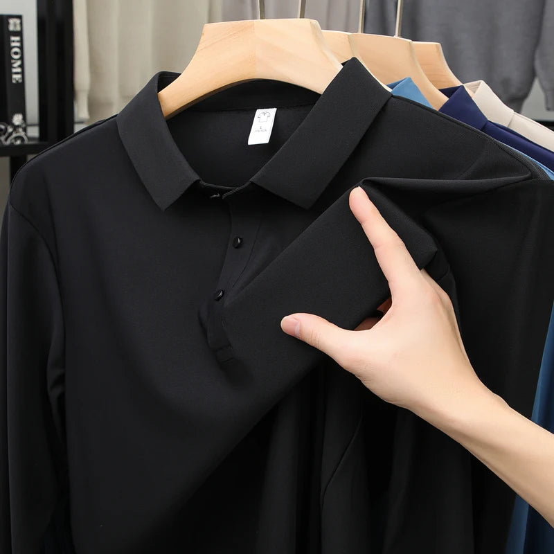 Hommes de haute qualité été nouveau revers hommes à manches longues polo broderie couleur unie affaires décontracté hommes polo