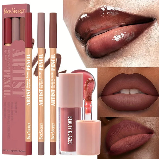 Set 4 Pièces – Gloss à Lèvres Hydratant, Léger et Repulpant, Avec Crayon Marron, Liquide Non Collant, Maquillage des Lèvres