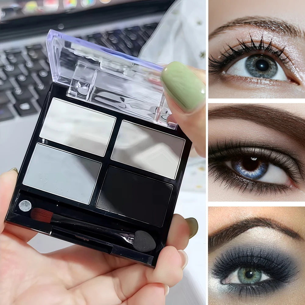 Palette fards à paupières 4 couleurs – Gris et noir smoky, mat et nacré, base illuminatrice avec applicateur