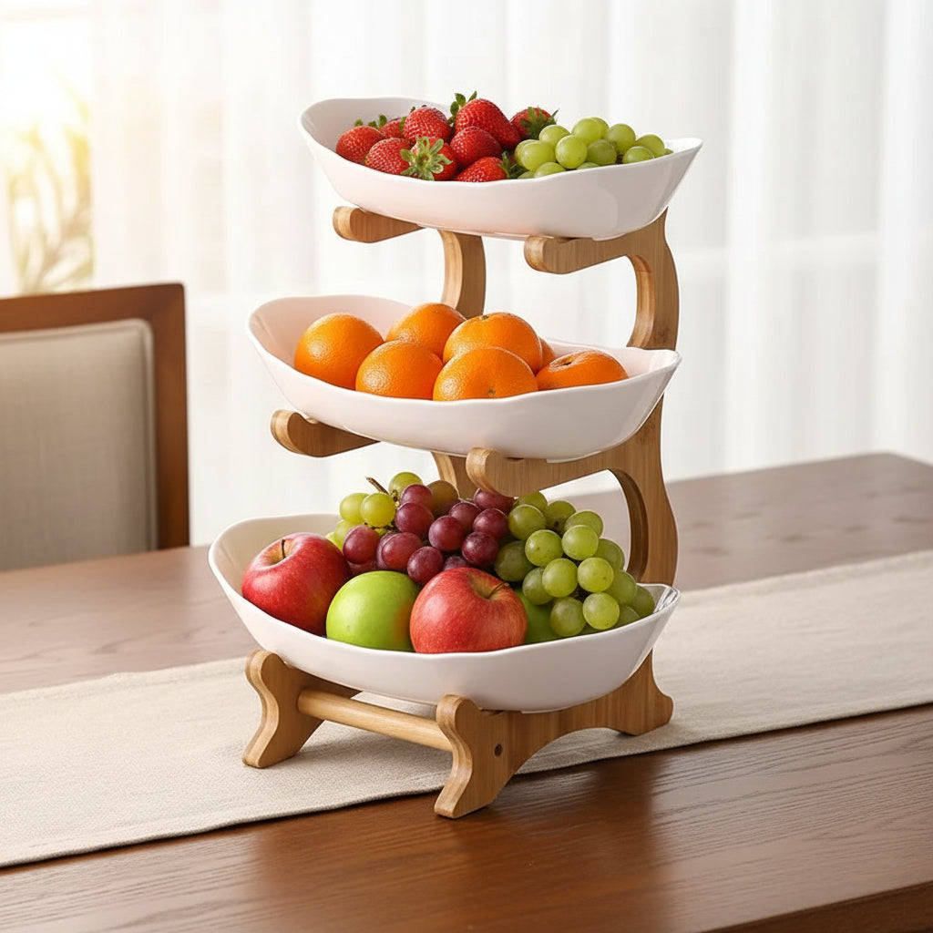 3-Tier Wooden Fruit & Vegetable Basket with Wooden Legs – Kitchen Storage Organizer